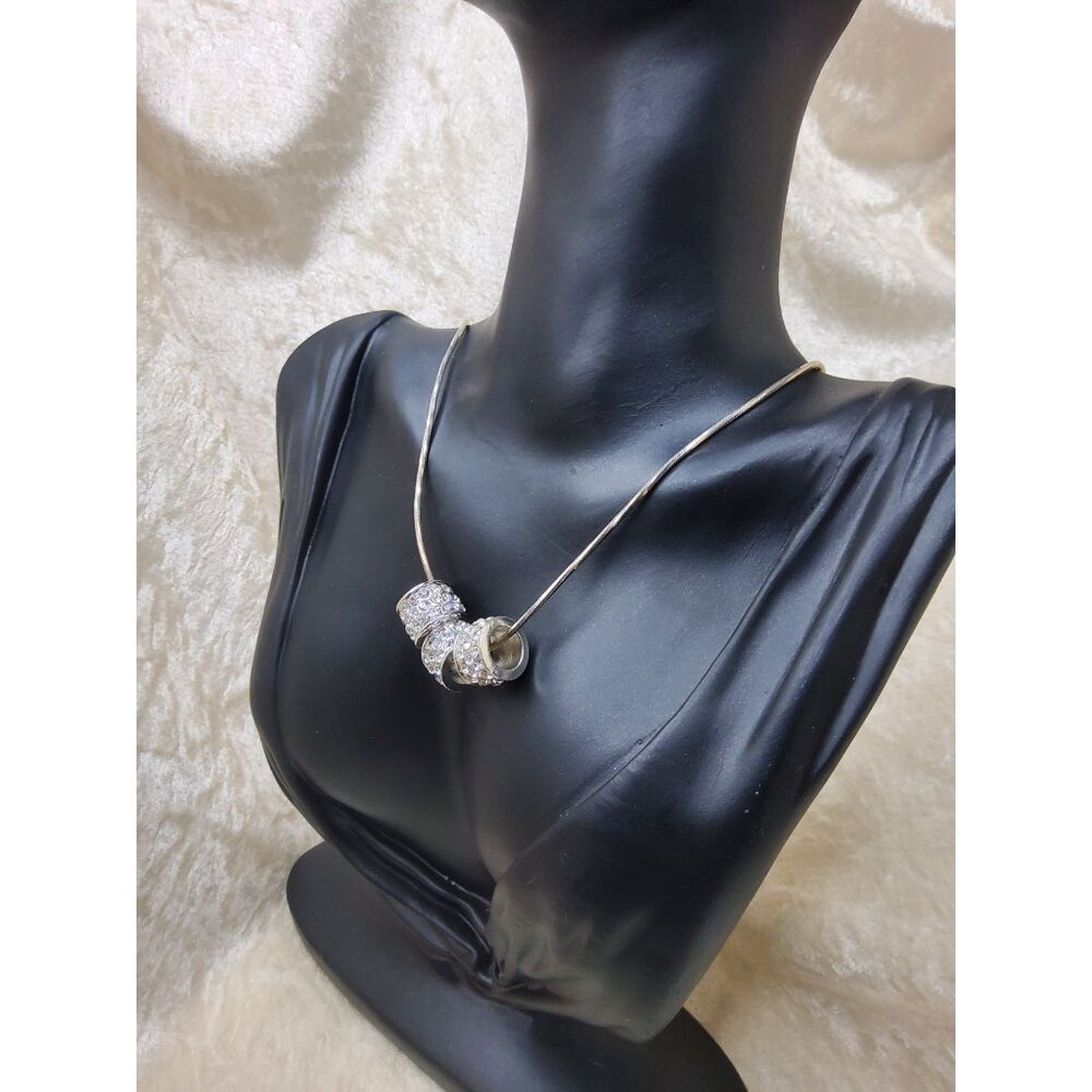 Vintage Elegant Sterling Silver Necklace With Three Sparkling Rhinestone Beads - Picture 10 of 16